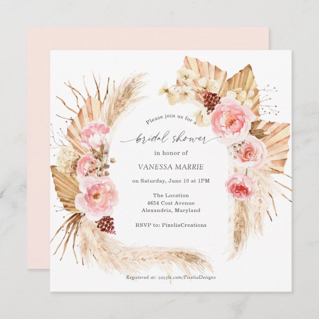 Pampas Grass Boho Pink Floral Bridal Shower Invitation (Front/Back)