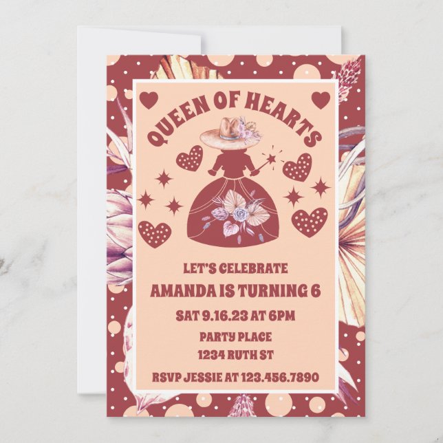 Pampas Grass Boho Queen Of Hearts Birthday Invitation (Front)