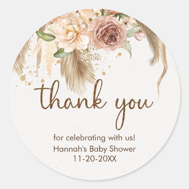 Pampas grass boho roses baby shower stickers (Front)