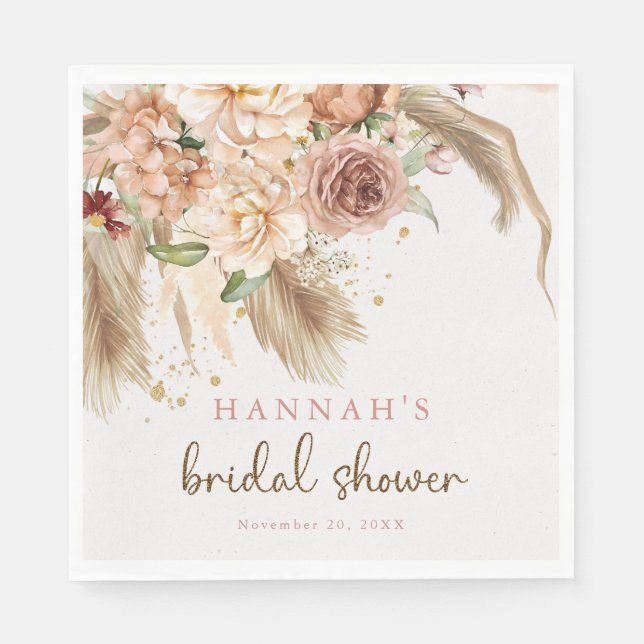 Pampas grass boho roses bridal shower napkins (Front)