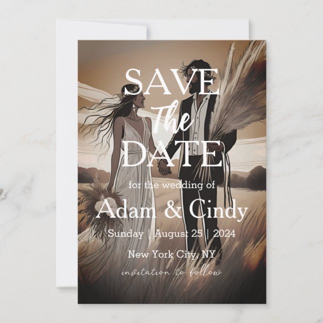 pampas grass boho save the dates invitation (Front)