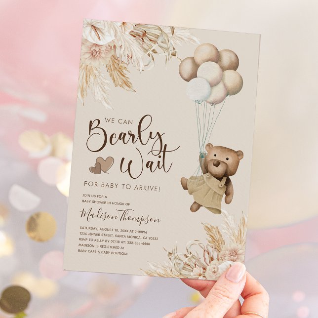 Pampas Grass Boho Teddy Bear Baby Shower Invitation (Creator Uploaded)