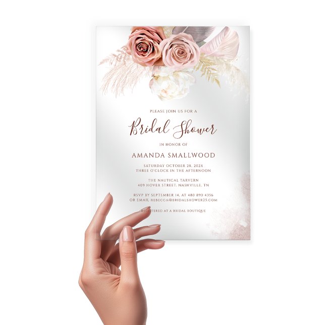 Pampas Grass Boho Terracotta Bridal Shower Acrylic Invitations (Pampas Grass Terracotta Script Acrylic Bridal Shower Invitation)