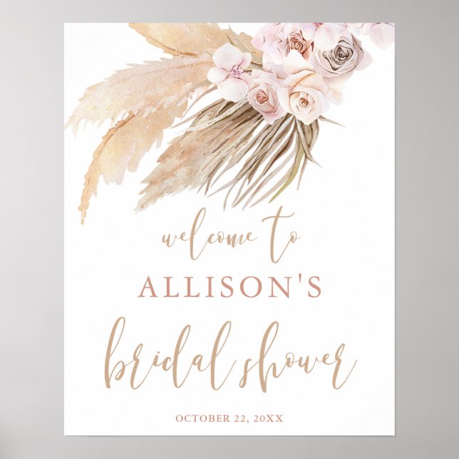 Pampas grass boho theme bridal shower welcome sign (Front)
