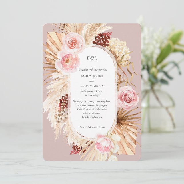Pampas Grass Boho watercolor Dusty Rose wedding Invitation (Standing Front)