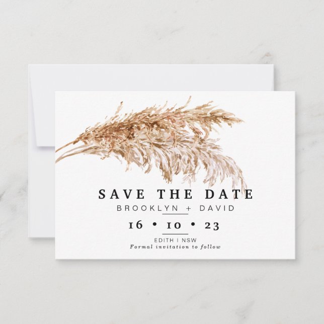 Pampas Grass Boho Wedding Save The Date Card (Front)