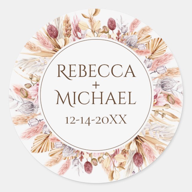 Pampas Grass Boho Wildflower Wedding Classic Round Sticker (Front)
