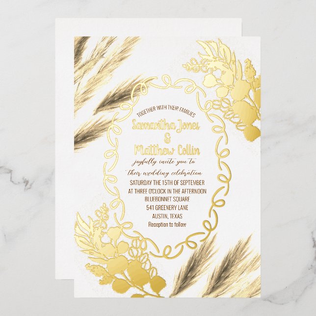 Pampas Grass Botanical Boho Gold Foil Wedding (Front/Back)
