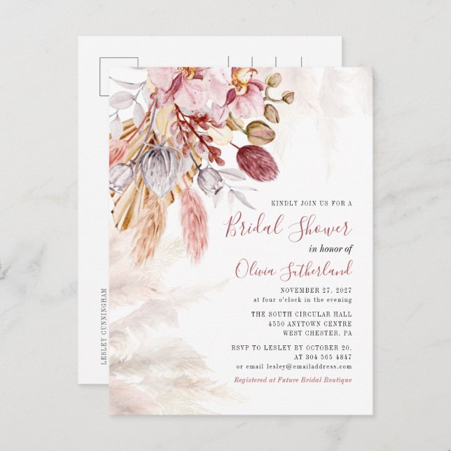 Pampas Grass Botanical Script Bridal Shower Invitation Postcard (Front/Back)