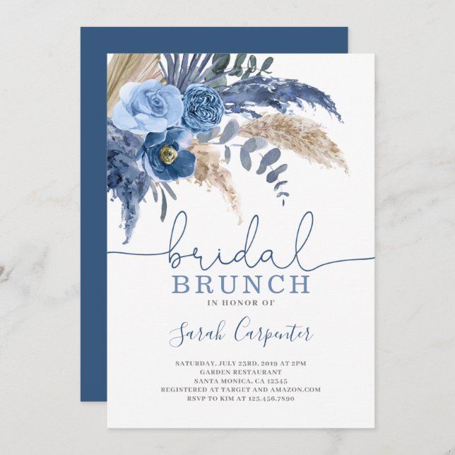 Pampas Grass Bridal Shower blue floral invitation (Front/Back)