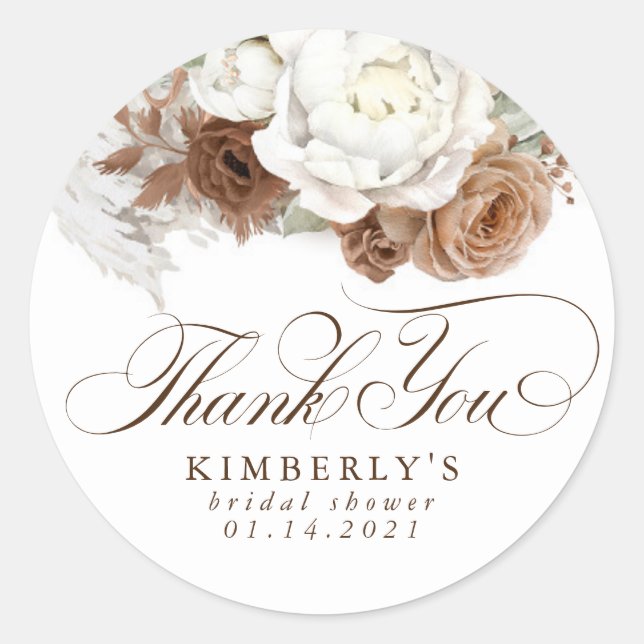 Pampas Grass Brown White Floral Thank You Classic Round Sticker (Front)