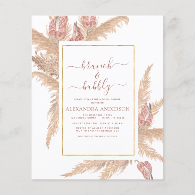 Pampas Grass Brunch Bubbly Boho Bridal Shower Invi Flyer (Front)