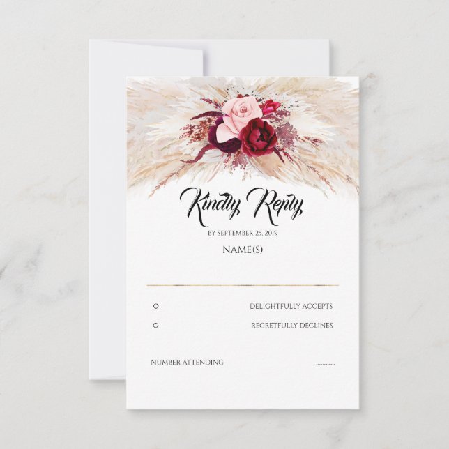 Pampas Grass Burgundy Red Chic Wedding RSVP (Front)