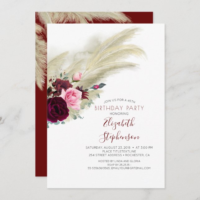 Pampas Grass Burgundy Red Floral Birthday Invitation (Front/Back)