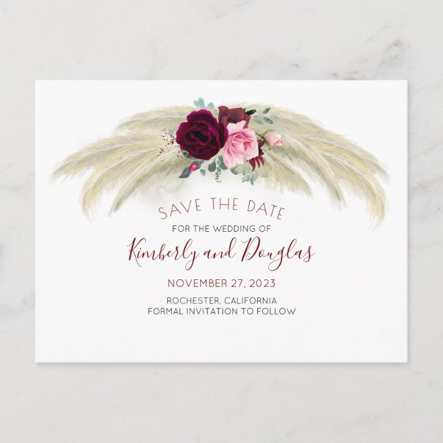Pampas Grass Burgundy Red Floral Save the Date Announcement Postcard (Front)