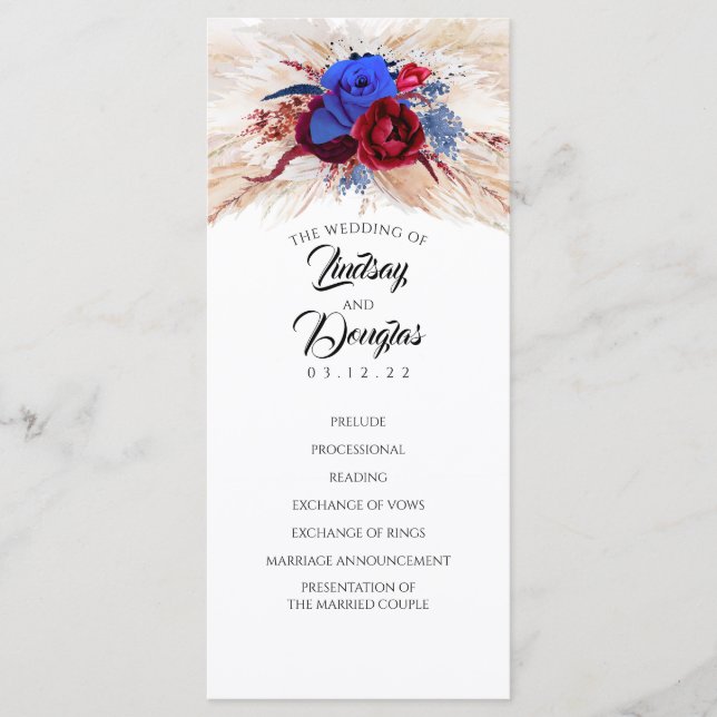 Pampas Grass Burgundy Red Navy Wedding Programs Programme (Front)