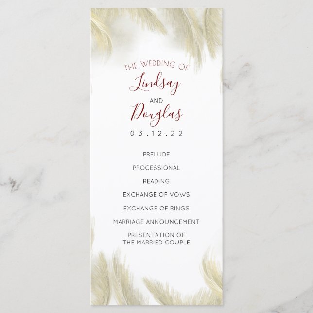 Pampas Grass Burgundy Red Wedding Programs Programme (Front)