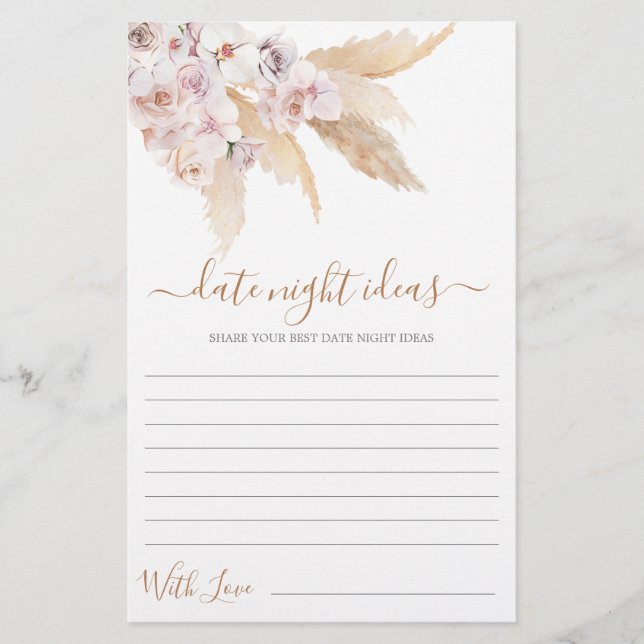 Pampas Grass Date Night ideas bridal shower card (Front)