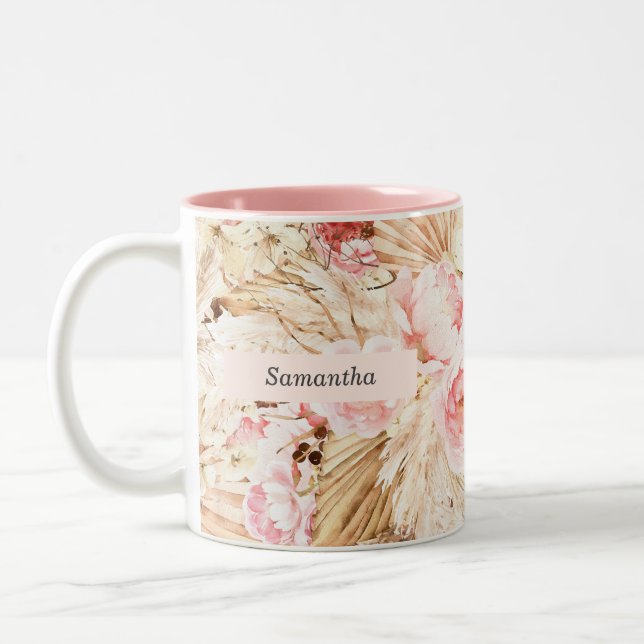 Pampas Grass desert tropical pink flower Two-Tone Coffee Mug (Left)