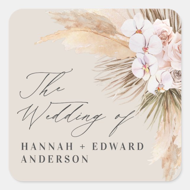 Pampas grass dried botanical script boho wedding s square sticker (Front)