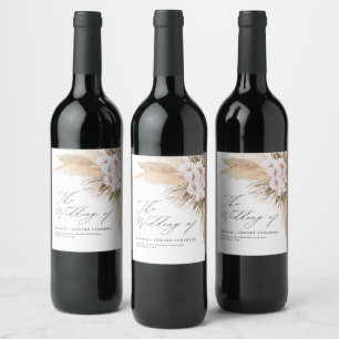 Pampas grass dried botanical script boho wedding wine label