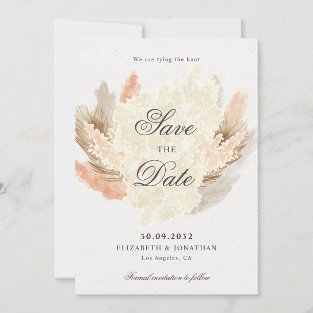 Pampas grass dried flowers boho photo save the date (Front)