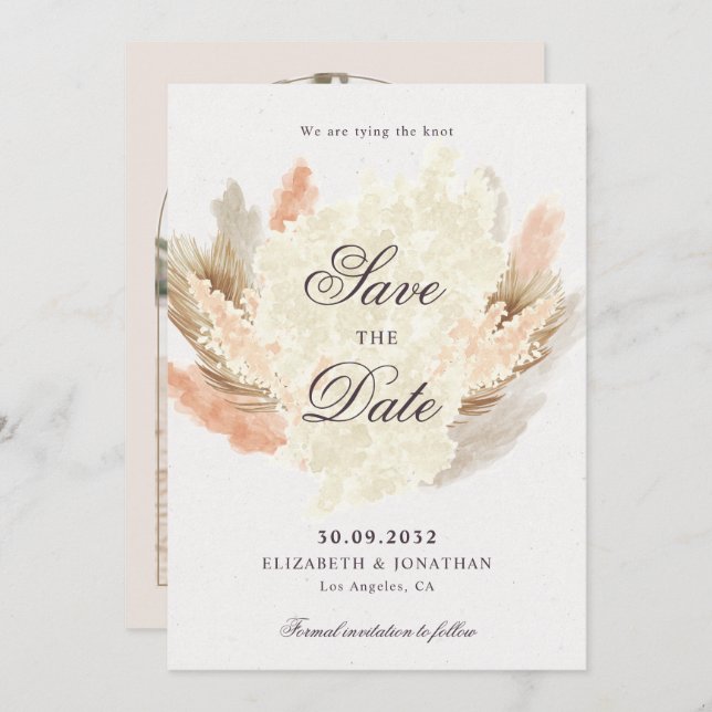 Pampas grass dried flowers boho photo save the date (Front/Back)