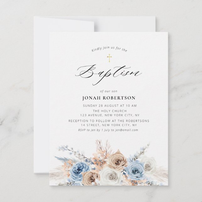 pampas grass dusty blue flowers baptism invitation (Front)