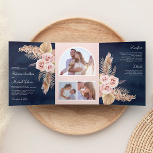Pampas Grass Dusty Pink Roses Navy Blue Wedding Tri-Fold Invitation