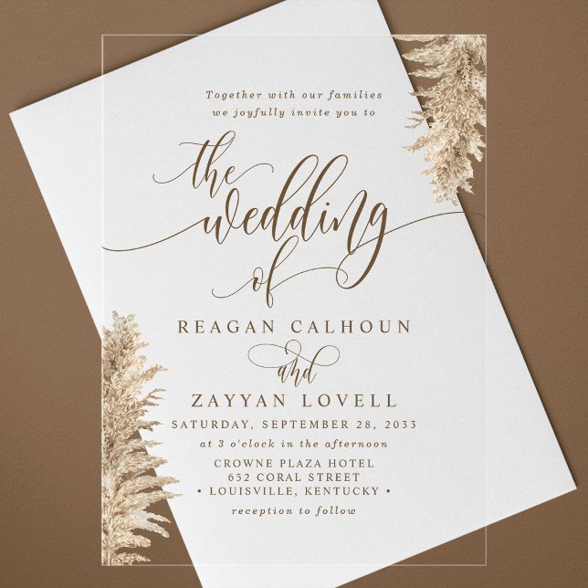 Pampas Grass Earthy Exotic Calligraphy Wedding Acrylic Invitations (Creator Uploaded)
