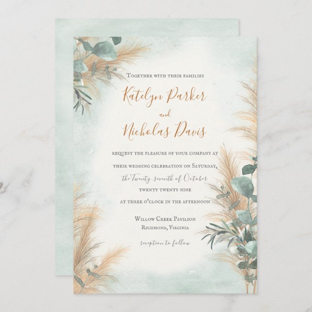 Pampas Grass Eucalyptus Greenery Boho Wedding Invitation (Front/Back)
