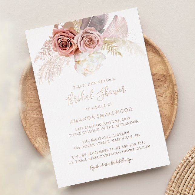 Pampas Grass Fall Bridal Shower Rose Gold (Pampas Grass Terracotta Script Rose Gold Foil Bridal Shower Invitation)
