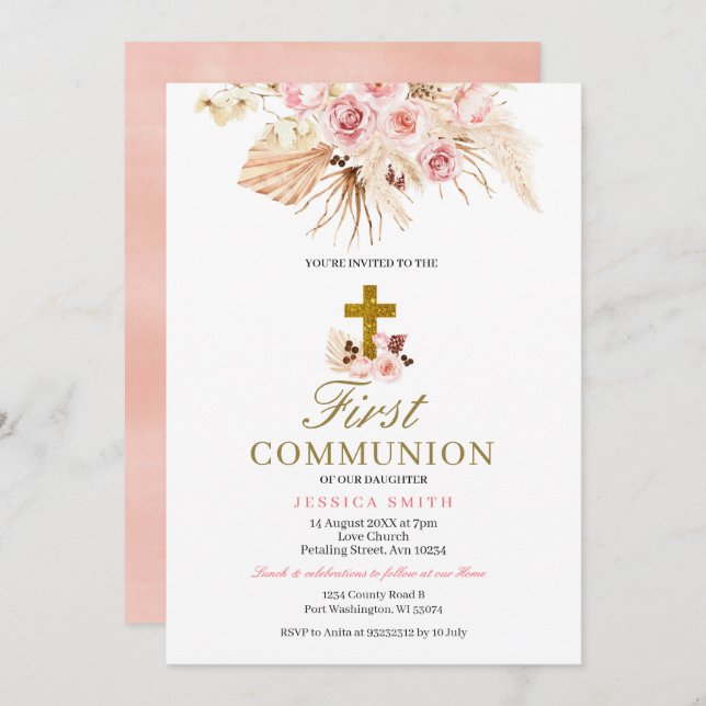 Pampas Grass First Communion Invitation (Front/Back)