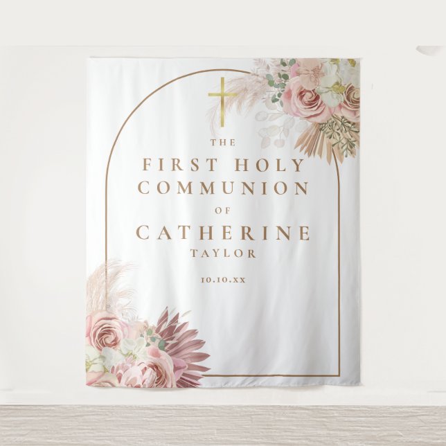 Pampas Grass First Communion Photo Backdrop Tapestry (Front)