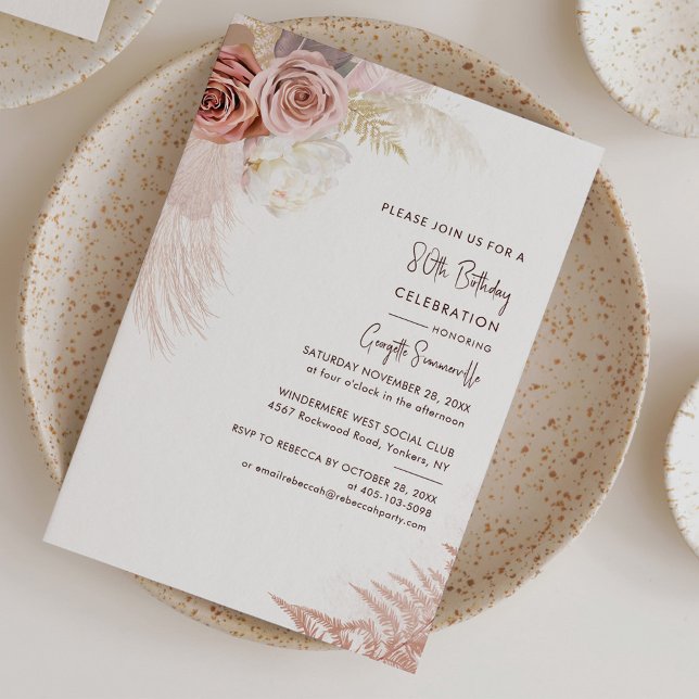 Pampas Grass Floral 80th Birthday Invitation (Pampas Grass Teracotta 80th Birthday Party Invitation)