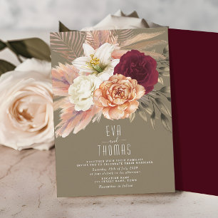 Pampas Grass Floral Burgundy Wedding Invitation