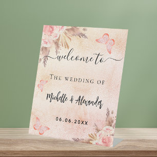 Pampas grass floral butterflies welcome wedding pedestal sign