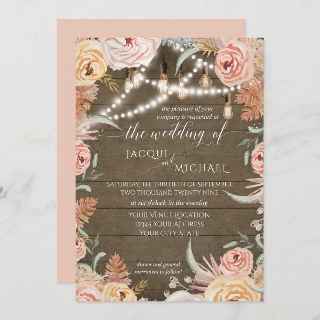 Pampas Grass Floral Edison Lights Rustic Wedding Invitation (Front/Back)