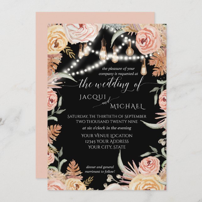 Pampas Grass Floral Edison Twinkle Lights Wedding Invitation (Front/Back)