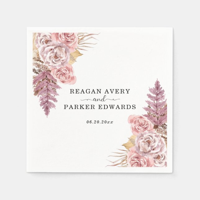 Pampas Grass Floral Purple Custom Wedding Napkin (Front)