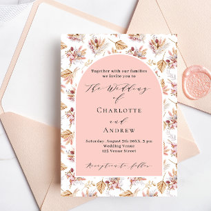 Pampas grass floral rose gold boho luxury wedding invitation