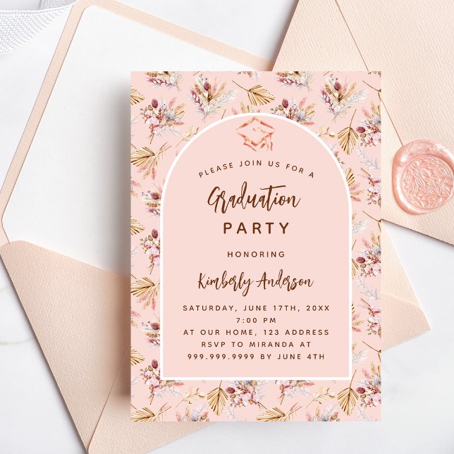 Pampas grass floral rose gold graduation party invitation (Creator Uploaded)