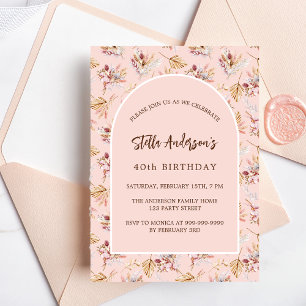 Pampas grass floral rose gold luxury birthday invitation