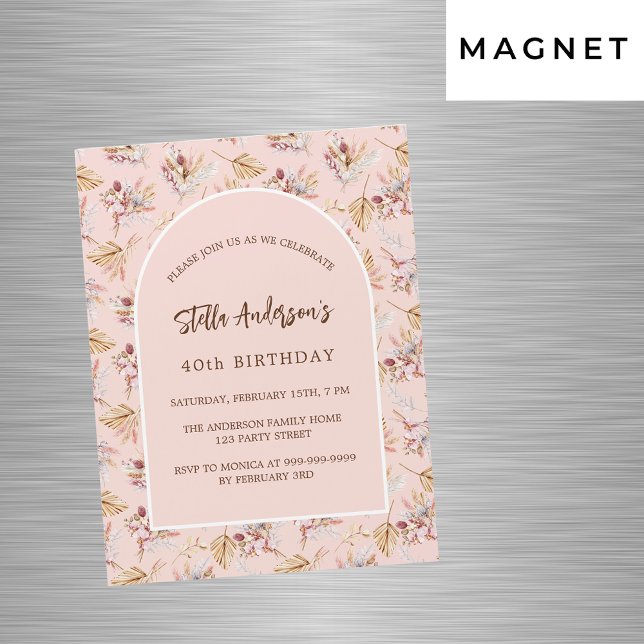 Pampas grass floral rose gold luxury birthday magnetic invitation (Creator Uploaded)