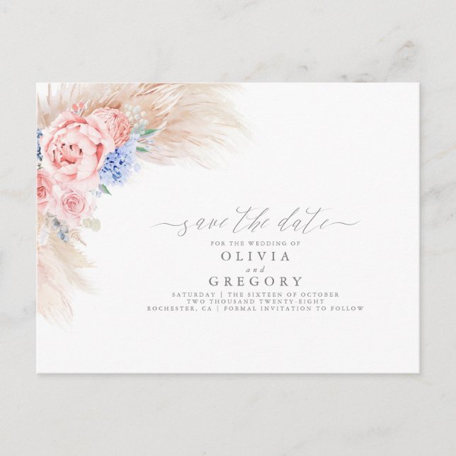 Pampas Grass Floral Save The Date Announcement Postcard (Front)
