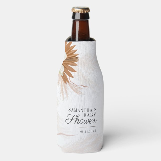 Pampas Grass Floral Script Baby Shower Bottle Cooler (Bottle Front)