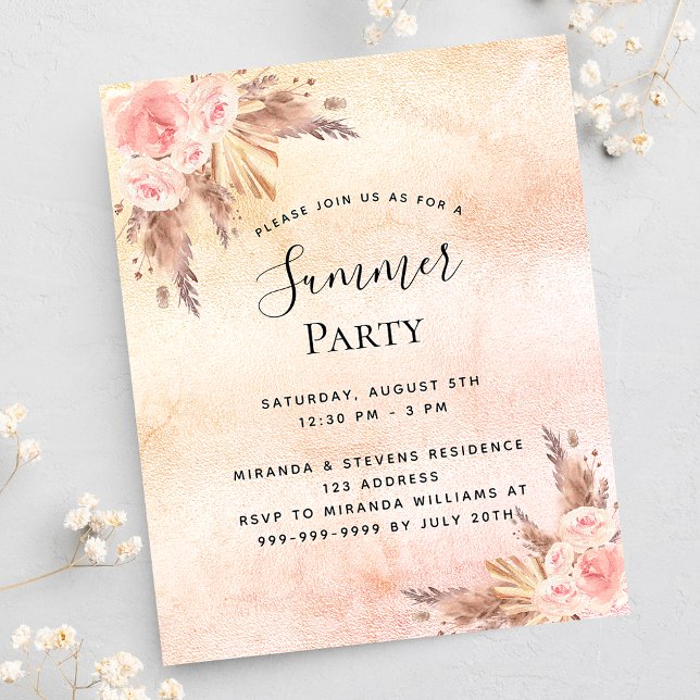 Pampas grass floral summer party budget invitation (Creator Uploaded)