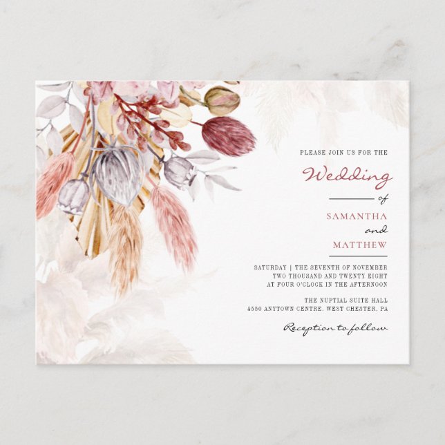 Pampas Grass Floral Tan Rustic Wedding Invitation Postcard (Front)