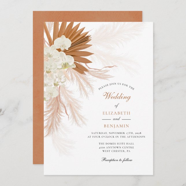 Pampas Grass Floral Tan Wedding Invitation (Front/Back)