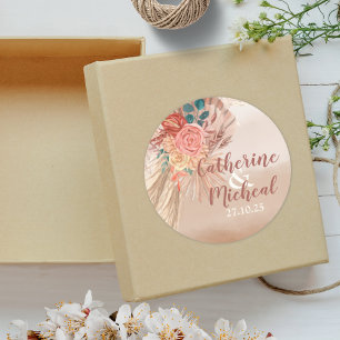Pampas Grass Floral Terracotta Boho Chic Wedding   Classic Round Sticker